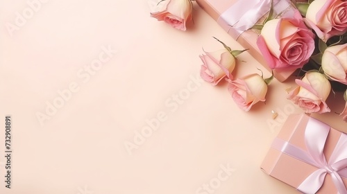 Frame of gift boxes and roses buds on pastel beige background. Top view Happy Valentines day, Mothers day, International womens day concept © Elchin Abilov