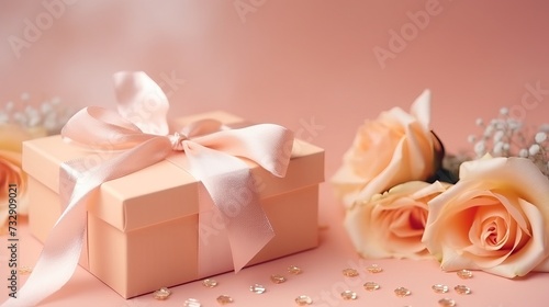 Gift box with pink ribbon bow, flowers buds on peach fuzz color background. Happy Valentine's Day, Mother's Day, International womens day concept