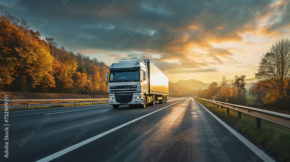 Transportation logistics at golden hour with semi-truck on highway, fast delivery, commercial freight, road travel, industry, sunset, dynamic