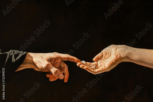 Two hands reaching towards each other against a dark background, reminiscent of Michelangelo’s