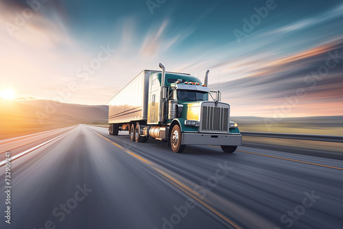 Transportation logistics at golden hour with semi-truck on highway, fast delivery, commercial freight, road travel, industry, sunset, dynamic