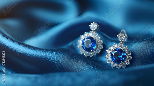 Pair of platinum earring with sapphire on blue satin background. Luxury female jewelry, close-up. generative ai