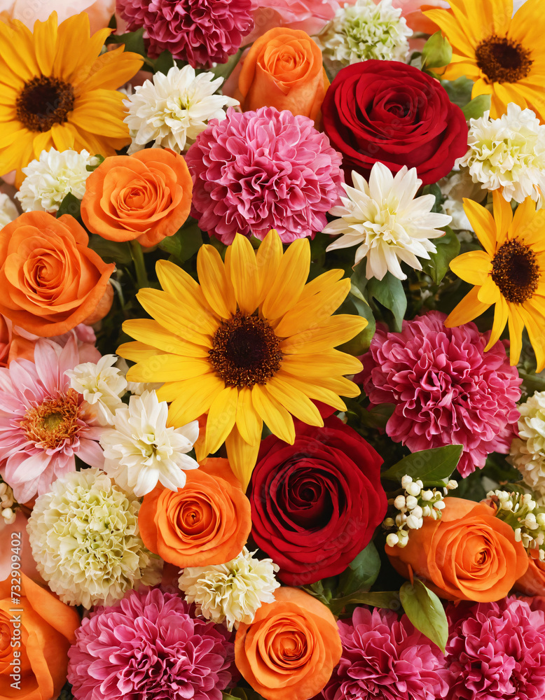 A bouquet of beautiful flowers of different kinds, top view.