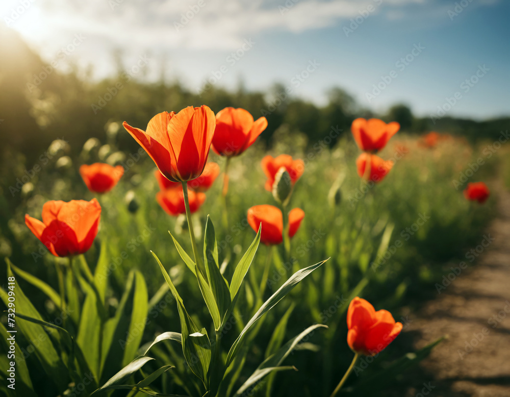 Obraz premium Poppies growing in a field against the backdrop of the sky.