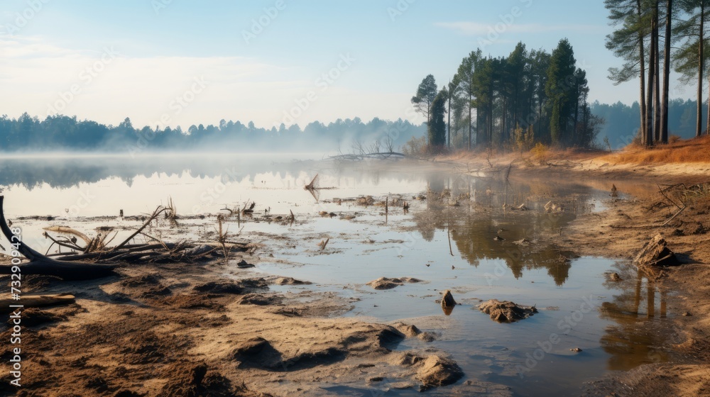 A lake suffering from elevated water temperatures due to thermal pollution