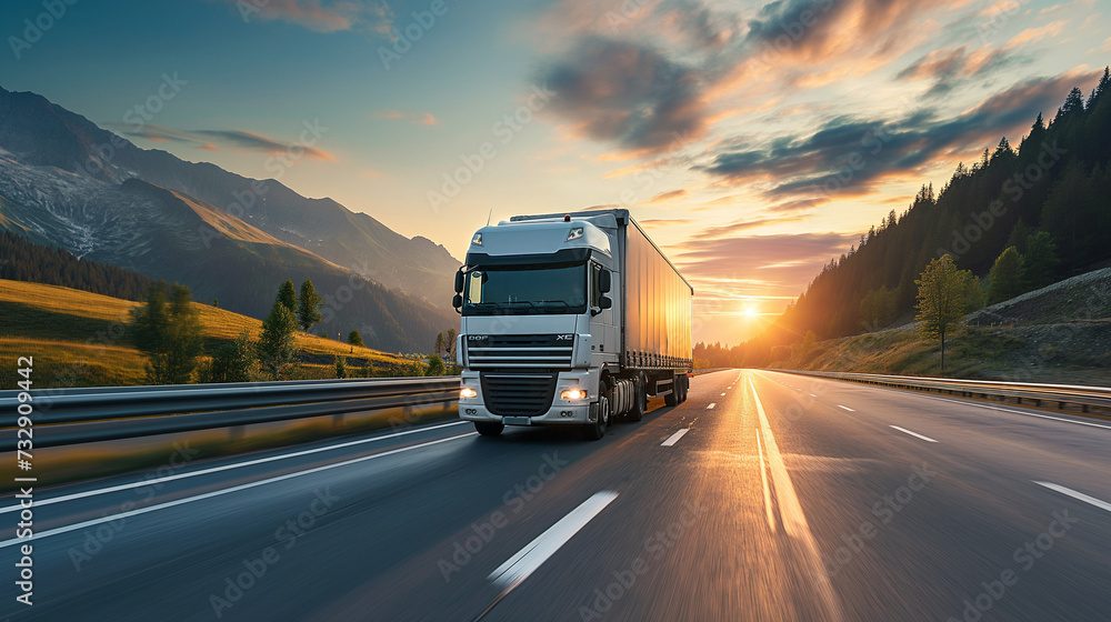 Transportation logistics at golden hour with semi-truck on highway, fast delivery, commercial freight, road travel, industry, sunset, dynamic Transportation logistics at golden hour with semi-truck on highway, fast delivery, commercial freight, road travel, industry, sunset, dynamic