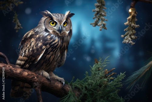 Owl perched on tree branch with view of moonlit forest
