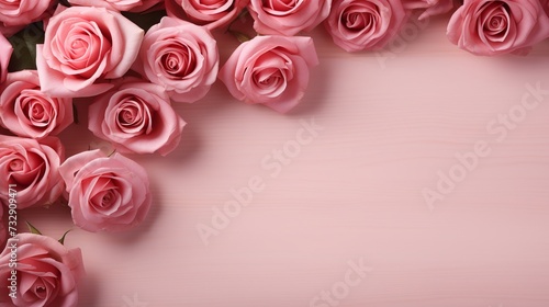 Happy Valentine's day concept with rose flowers and heart shapes on wooden table over pink background