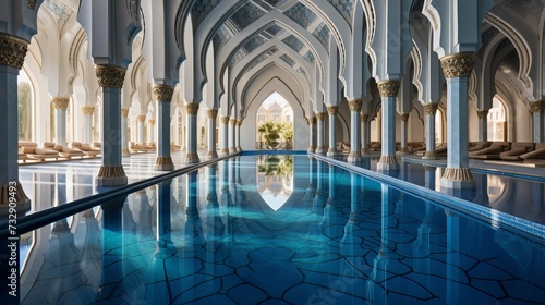 A mosque's serene reflection pool with arched colonnades