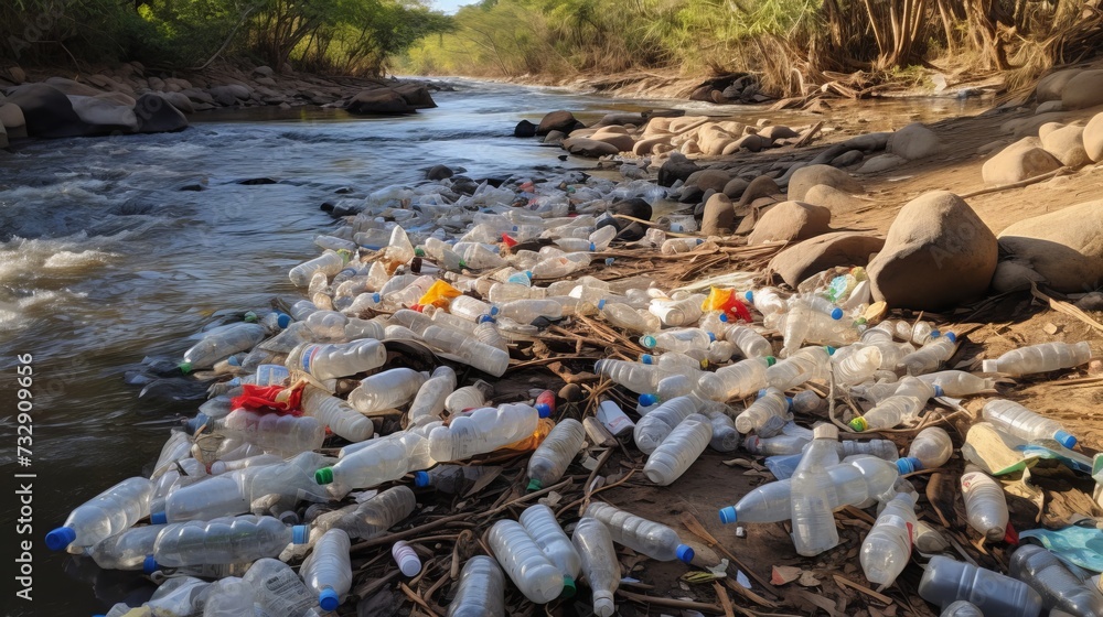 A riverbed cluttered with plastic bottles and bags