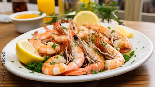 A plate of succulent seafood with lemon wedges and herbs