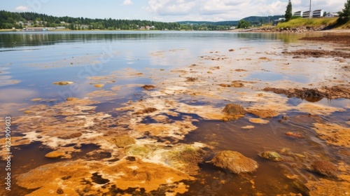 A polluted lake with a thick layer of brown algae on the water's surface