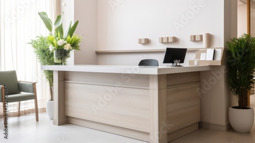 A receptionist desk with a modern and organized workspace © Cloudyew