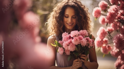 International Women's Day. Extremely happy woman in a bright pink dress is smelling a bunch of spring flowers, which she is holding in her hands