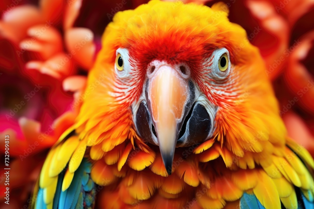 Parrot on the flower. Beautiful extreme close-up