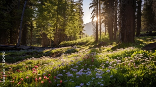 A sunlit forest with a carpet of wildflowers