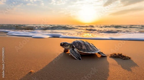 Little sea turtle on the sandy beach in morning time