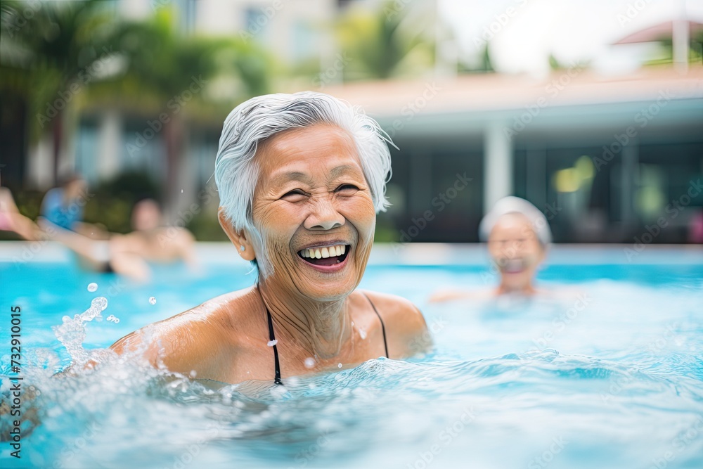 Fototapeta premium Women enjoying water swimming pool, Active senior people fitness class