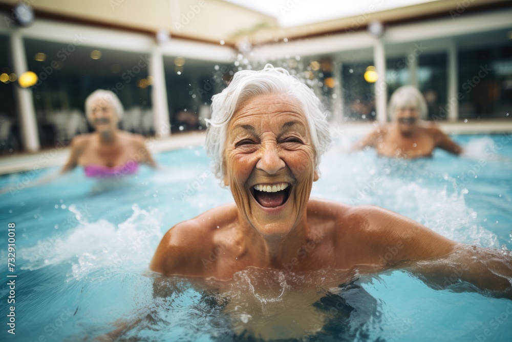 Fototapeta premium Women enjoying water swimming pool, Active senior people fitness class,