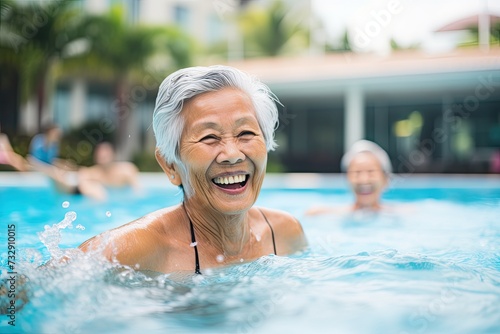 Women enjoying water swimming pool, Active senior people fitness class