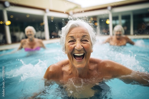 Women enjoying water swimming pool, Active senior people fitness class, © Thuch