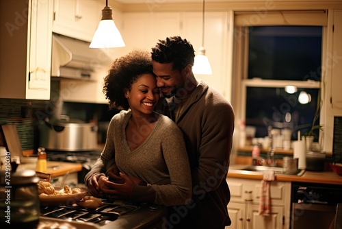 Young black male and female couple embracing in their big spacious kitchen,