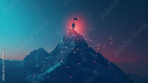 Technology dark blue backdrop with peaks and stars, representing a digital mountain with a flag and a professional climbing businessman at the top.