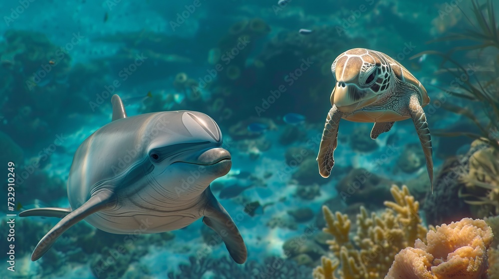 Fototapeta premium dolphin gazing at you while submerged on a reef