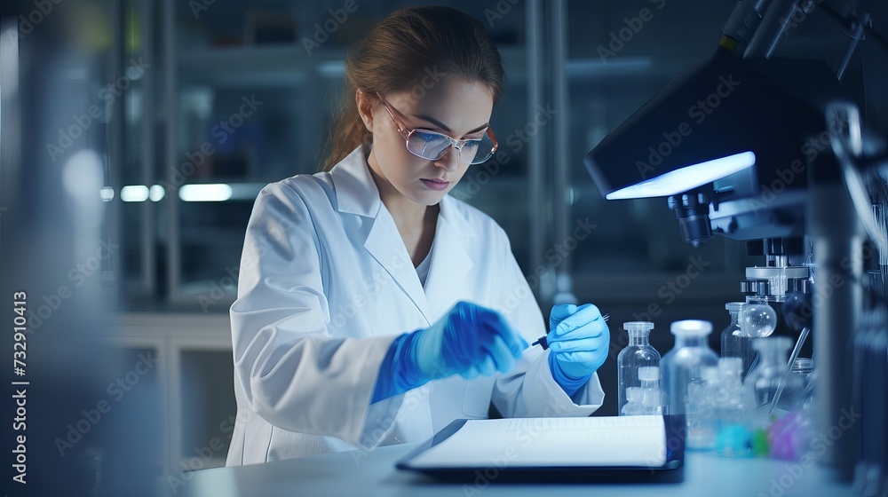 Modern Medical Research Laboratory: Female Scientist Working with Micro Pipette, Using Digital Tablet for Test Sample Analysis. Advanced Scientific Lab for Medicine, Biotechnology Development Modern Medical Research Laboratory: Female Scientist Working with Micro Pipette, Using Digital Tablet for Test Sample Analysis. Advanced Scientific Lab for Medicine, Biotechnology Development