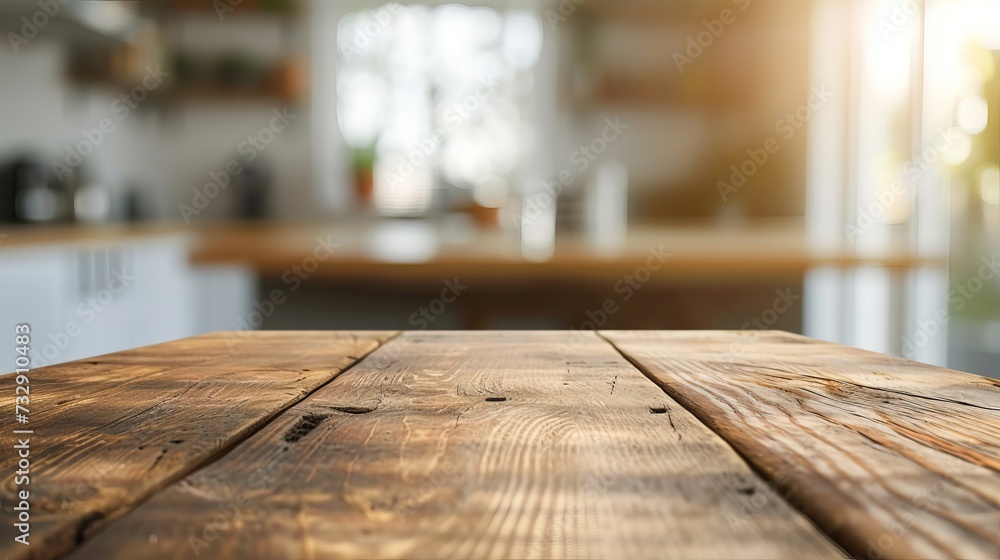 Interior of a kitchen bench with bokeh and an empty wooden table Interior of a kitchen bench with bokeh and an empty wooden table