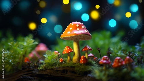Miniature Colorful Mushroom Lights in Graphic Arrangement on Green Background © Elchin Abilov