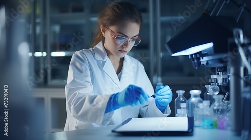 Modern Medical Research Laboratory: Female Scientist Working with Micro Pipette, Using Digital Tablet for Test Sample Analysis. Advanced Scientific Lab for Medicine, Biotechnology Development