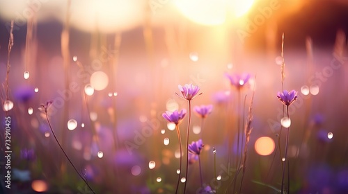 Morning summer or spring. Beautiful wildflowers with dew drops at dawn, light blur, selective focus. Shallow depth of field © Elchin Abilov