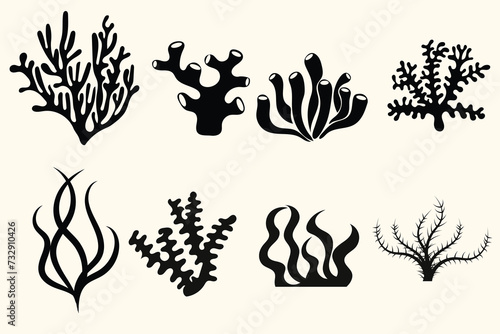 collection of seaweed and coral silhouettes in vector