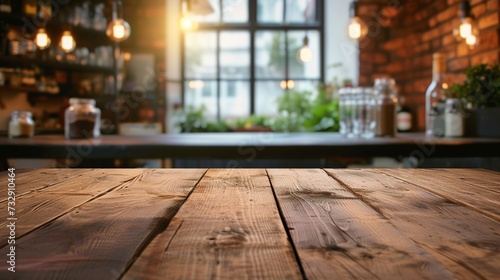 Interior of a kitchen bench with bokeh and an empty wooden table