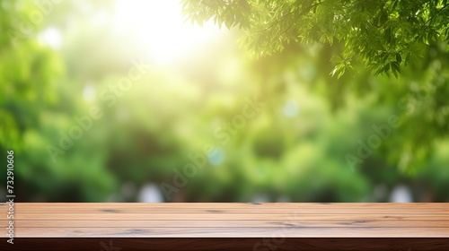 Nature background and table wood for product display template, Empty wooden table and sack tablecloth over blur green tree at park, garden outdoor with bokeh light background