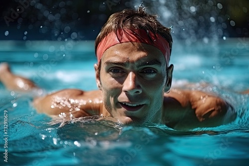 Sport shot a young man is swimming, mid shot camera, high detail © Dara