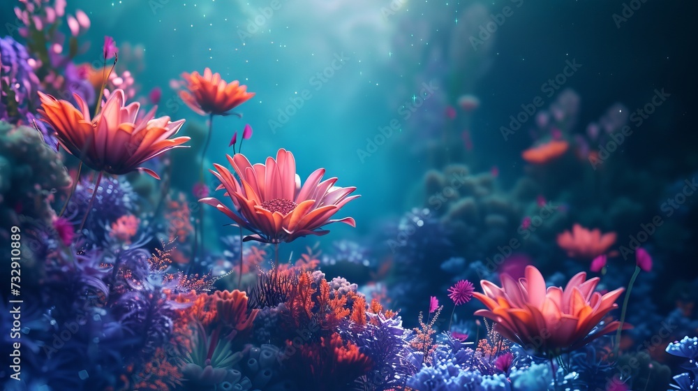 Under the deep, black water of the ocean, there is reef color and flower-shaped sea living coral. Under the deep, black water of the ocean, there is reef color and flower-shaped sea living coral.
