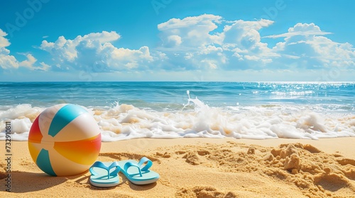Summer vacation concept: flip-flops, beach ball, and snorkel on the sand. photo