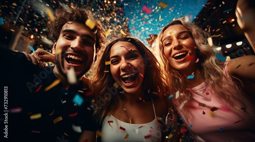 Party fun. Group of beautiful young people throwing colorful confetti and looking happy