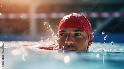 The swimmer wore a bright red swimming cap, gliding effortlessly through the crystal-clear water  photo