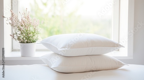 Three simple white rectangular bed pillows on top of each other in a light room with a matress undernearth,
