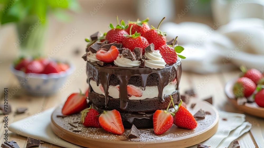 A freshly cooked chocolate cake accompanied by cream and strawberries on the table A freshly cooked chocolate cake accompanied by cream and strawberries on the table