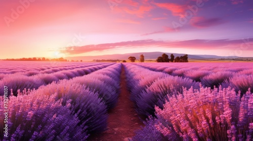 A lavender field at sunrise with soft, pink hues