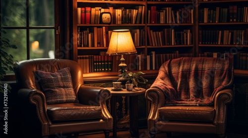 A library interior with cozy armchairs and reading lamps © Cloudyew