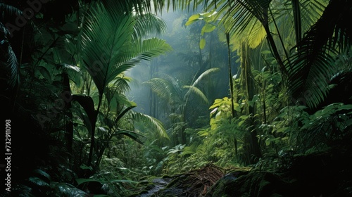 A lush, tropical rainforest with dense foliage