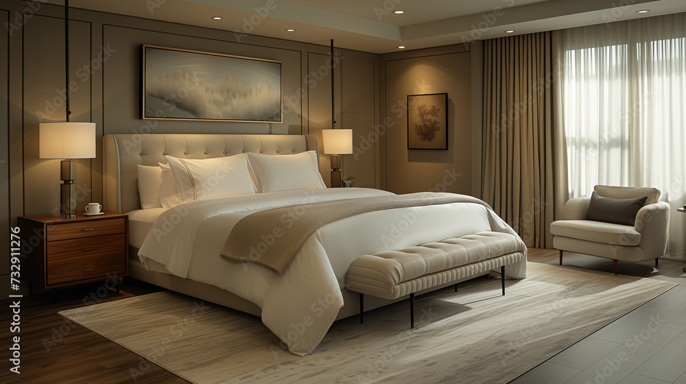 Elegant Bedroom Retreat with King-Sized Bed and Warm Ambiance Elegant Bedroom Retreat with King-Sized Bed and Warm Ambiance