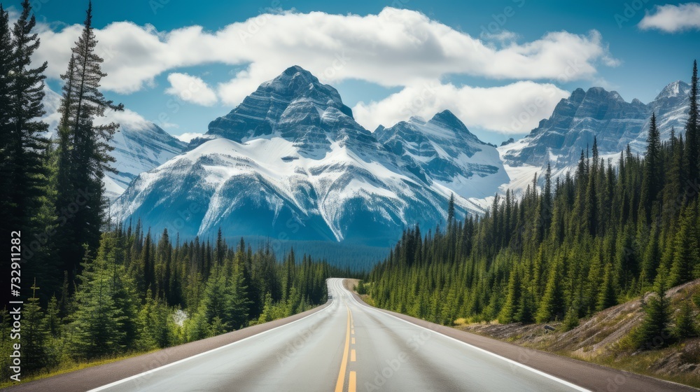 A mountain road with towering, snowcapped peaks