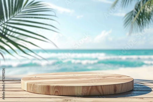 Summer product display on the wooden podium at sea tropical beach