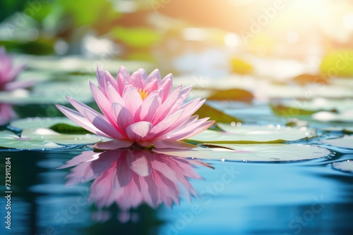 Closeup blooming water lilies or lotus flower, with reflecting on the water.